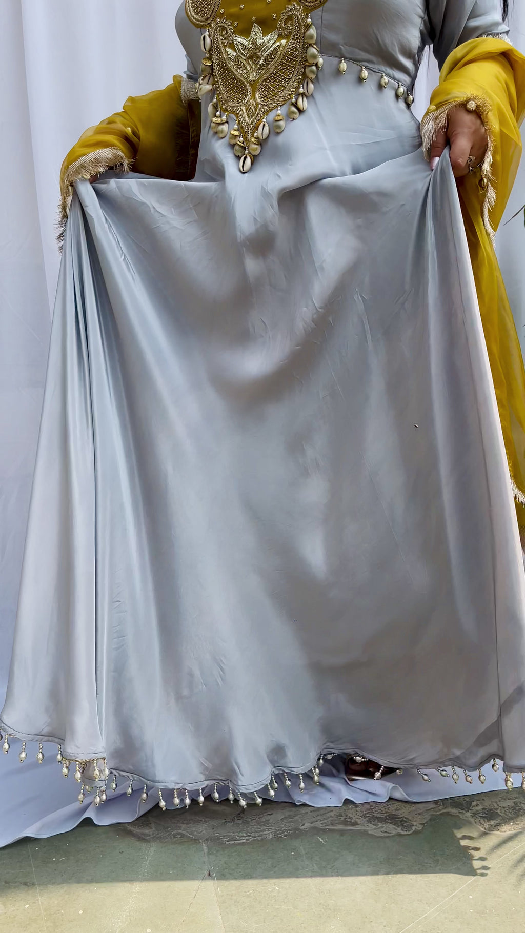 Grey and mustard embroidered luxe suit set with handwork dupatta for women wedding and festive wear