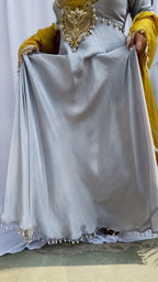 Grey and mustard embroidered luxe suit set with handwork dupatta for women wedding and festive wear