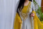 Grey and mustard embroidered luxe suit set with handwork dupatta for women wedding and festive wear