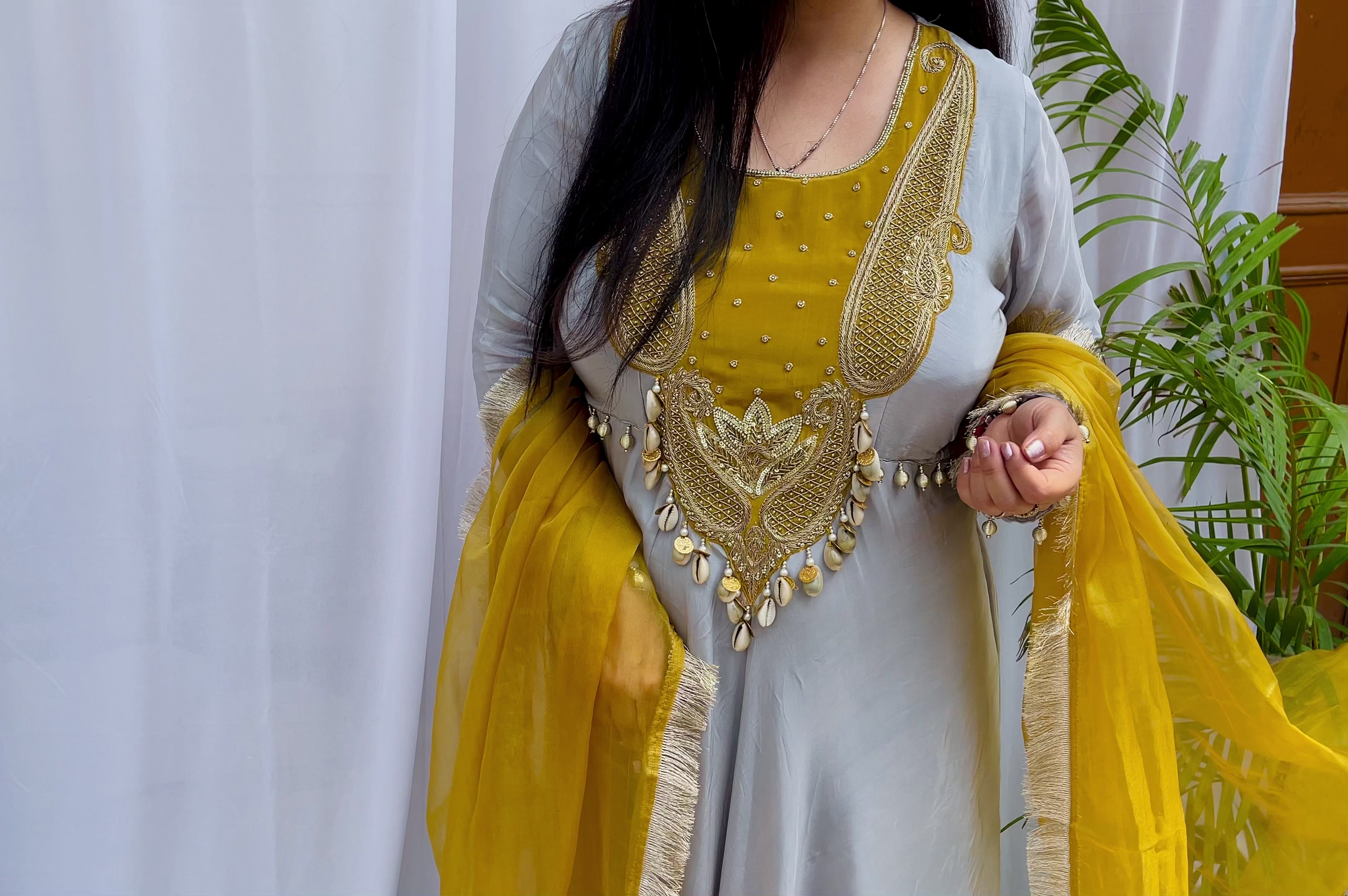Grey and mustard embroidered luxe suit set with handwork dupatta for women wedding and festive wear