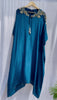 Vibrant royal blue silk kaftan dress with intricate gold zardozi embroidery and crystal work on the neckline and sleeves.