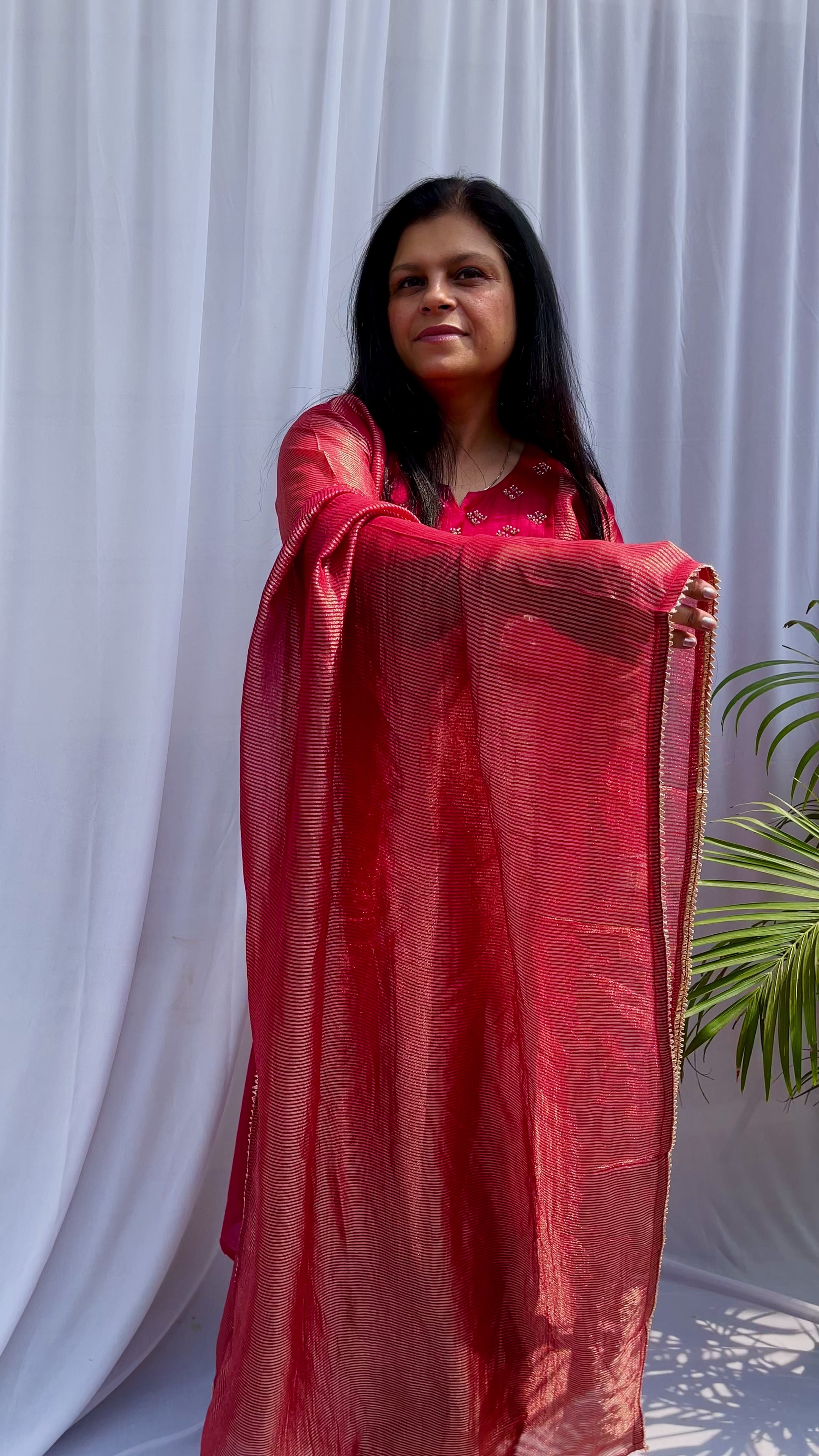 Red embroidered luxe suit set for women with sheer dupatta festive wedding wear